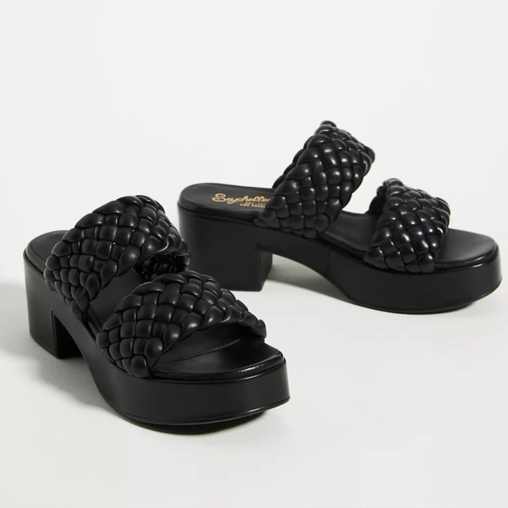 LIKE NEW! Seychelles Leather Novelty Woven Platform Sandals, Heels, Puff, Block